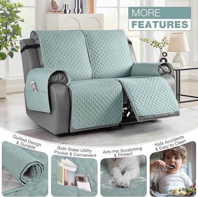 TAOCOCO Loveseat Recliner Cover Non-Slip Sofa Slipcover, Pet Cover for Loveseat Recliner with Elastic Straps, Washable Reclining Loveseat Cover Recliner Furniture Protector (2 Seater, Mint)