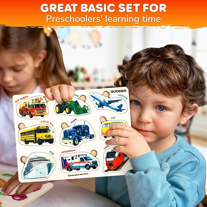 QUOKKA Wooden Puzzles for Toddlers 1-3 – 3xSET Kids Puzzles Ages 2-4 – Montessori Toy Puzzles for Toddlers 3-5 – Wood Toy Learning Realistic Fruits - Cars - Vegetables for Boy and Girl
