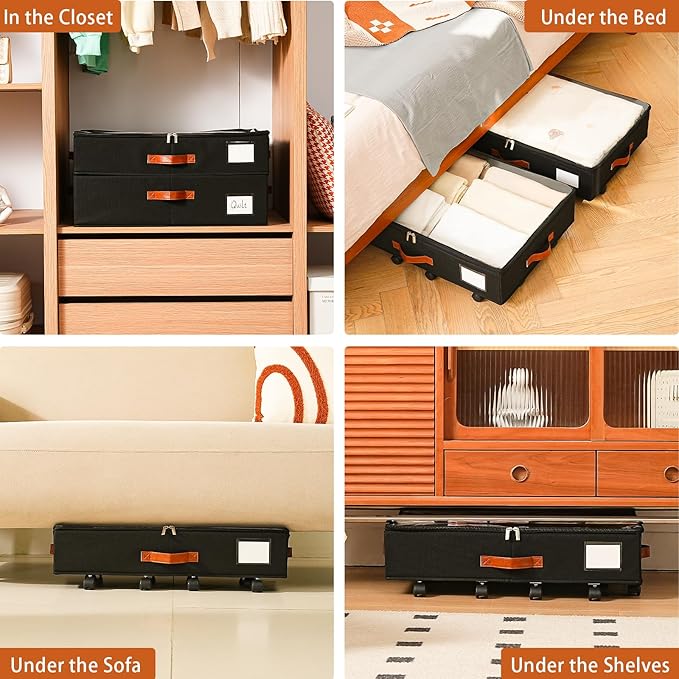 Under Bed Storage Organizer with Wheels, Underbed Container with Clear Lid Cover, Storage Bag Box with Visiable Window for Clothes, Bedsheet, Pillow, 2 Pack,5.5 inches