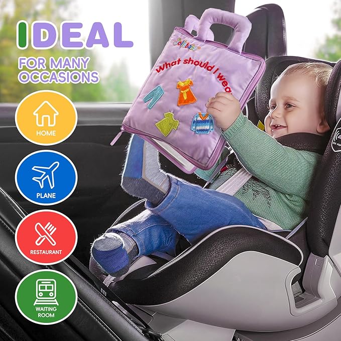 Jollybaby Quiet Book for Kids, Toddler Travel Toys Felt Busy Book Preschool Learning Montessori Toddler Quiet Book 10 Page Activity Book for 2 3 4 Year Old Girls(Purple)