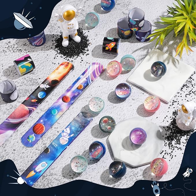 32 Pieces Space Bouncy Balls Slap Bracelets Set, Inclued 16 Space Slap Bracelets and 16 Rubber Space Theme Galaxy Bouncy Balls for Outer Space Birthday Party Favors Supplies Toys Bag Fillers
