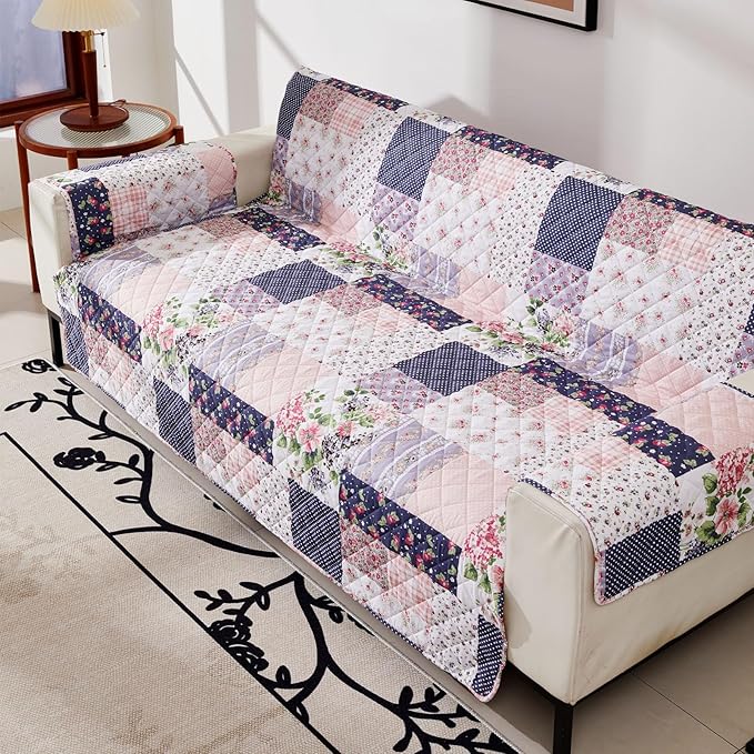 EVENHUG Sofa Cover for 3 Cushion Couch Patchwork Floral Sofa Slipcover Washable 3 seat Couch Cover Furniture Protector Cover with Elastic Straps for Pets Kids Dog Cat (Sofa,Pink&Purple)