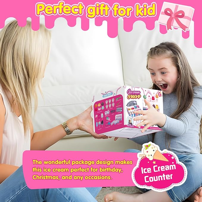 Ice Cream Toys, Wooden Ice Cream Play Set, Pretend Play Toys, 47 Pcs Wooden Play Kitchen Accessories with Menu & Scoop & Menu & Fake Money, Ice Cream Toys for Toddlers 3 4 5 6 Girls Boys Birthday