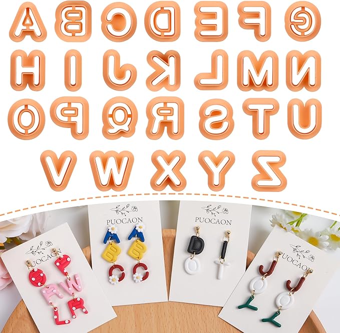 Puocaon Uppercase Letter Clay Cutters - 26 Letters Clay Cutters for Polymer Clay Jewelry Making, Basic Letter Polymer Clay Cutters for Jewelry, 3D Print Letter Clay Cutters for Earrings Jewelry