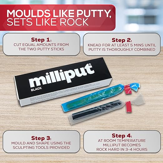 Milliput Epoxy Putty 10 Piece Set, Black Version - with Sculpting Tools, Sanding Pad and Gloves - Air Dry Moldable Plastic Plumbers Clay - Ceramic Tile, Marble and Quartz Countertop Chip Repair Kit
