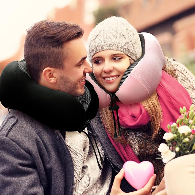 urnexttour Neck Pillow Airplane-2 Pack Memory Foam Travel Pillow, Soft Support Travel Neck Pillow for Travelling, Sleeping Rest, Car, Train and Home Use (Black&Pink)