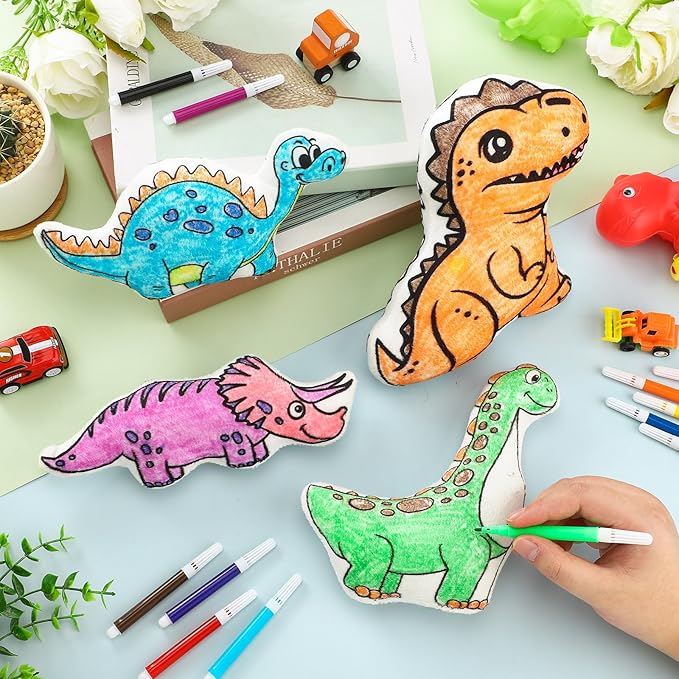 4 Sets Boys Girls Doodle Dolls, Color Your Own Dinosaur Gift Set 4 Coloring Plush Toy Washable Stuffed Animal Drawing DIY Crafts Art 48 Watercolor Pens for Boys Girls 4-10 Years Old