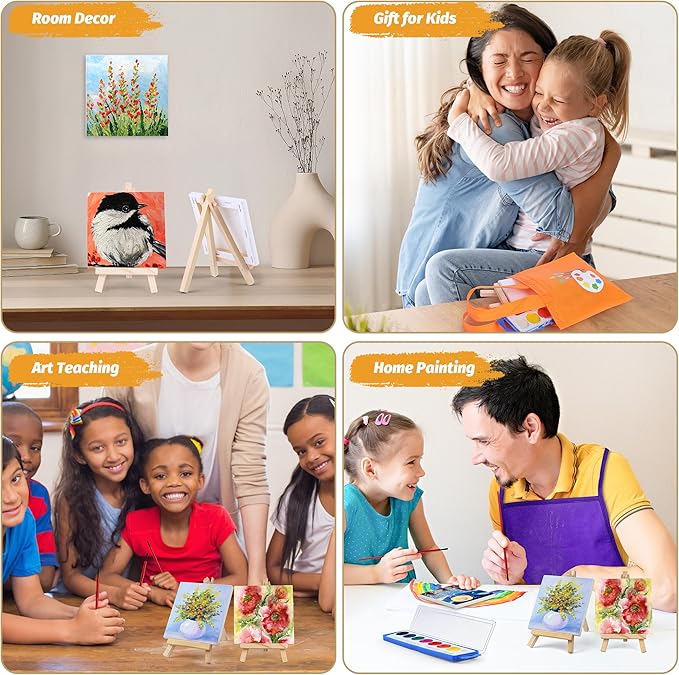 Aodaer 96 Pieces Valentine's Day Gift Mini Watercolor Paint Set Include 24 Set Colors Watercolor Paints Strip Palette Wooden Canvas Easels Canvas Tote Bags Aprons for Art Beginner Painting Supplies