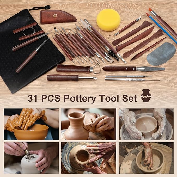 Amrules Clay Tools Kit, 31 PCS Red Pottery Tools, Practical Polymer Clay Sculpting Tools Kit, Air Dry Clay Tools Set for Adults, Pottery Craft, Dotting, Carving, Drawing, Molding, Modeling, Shaping