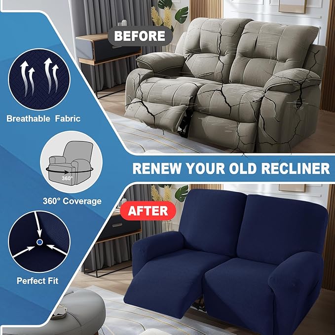 JIVINER 4 Pieces Recliner Loveseat Covers Stretch Recliner Sofa Slipcover with Elastic Bottom Jacquard Fitted Reclining Couch Cover Furniture Protector with Pockets (2 Seater, Navy Blue)