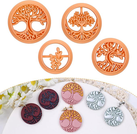 Puocaon Boho Polymer Clay Cutters - 4 Pcs Tree of Life Clay Cutters for Polymer Clay Jewelry Making, Embossed Polymer Clay Cutters for Earrings Jewelry, Life Tree Clay Jewelry Cutters Earrings Making