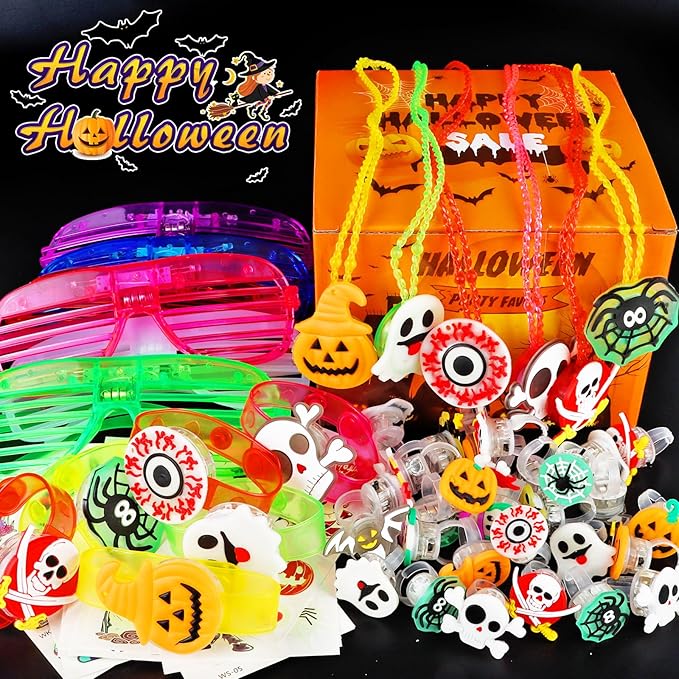 Halloween Light Up Toys Party Favors - 60PCS LED Trick or Treat Party Suppliers for Kids Gift Exchange Classroom Halloween Goodie Bag Fillers Glasses Bracelets Necklace Rings and Tattoos