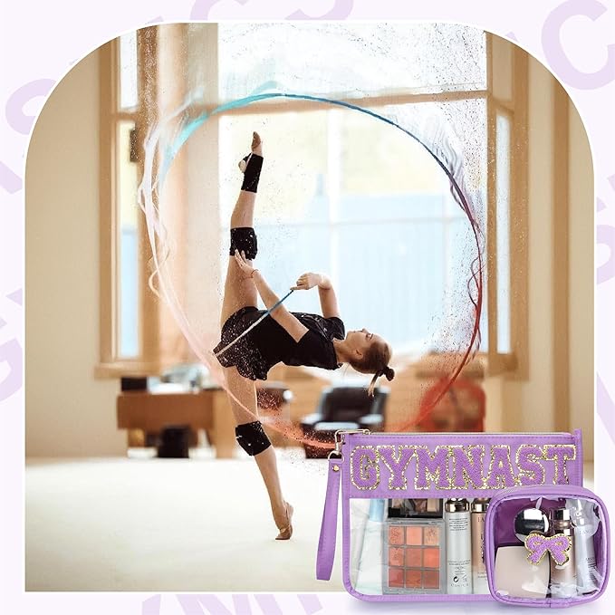 BuyCard 2 Pcs Gymnastics Gifts Cosmetic Makeup Bag with Chenille Letter Patch, Clear Pouch PVC Organizer Purse, Waterproof Travel Bag, Portable Toiletry Storage Bag for Her Girls Friends Women