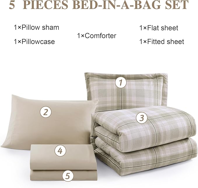 MaiRêve Plaid Twin XL Comforter Set, Khaki Green Grid Bedding Set for Boys & Girls, Classic Checkered Bed in A Bag Comforter Sets with Fitted & Flat Sheet, Pillowcase & Sham 66"x90"