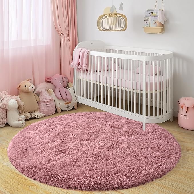 Xexsin Round Fluffy Rugs 6Ft for Girls Bedroom, Blush Pink Shag Circle Kids Rug Non-Slip for Bedside Dorm Nursery Playroom, Soft Cute Area Rugs for Living Room Decor
