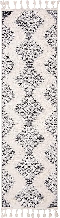 SAFAVIEH Moroccan Tassel Shag Collection Runner Rug - 2'3" x 18', Ivory & Grey, Boho Design, Non-Shedding & Easy Care, 2-inch Thick Ideal for High Traffic Areas in Living Room, Bedroom (MTS652F)