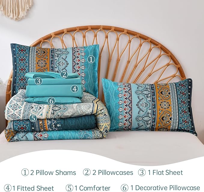 Cottolester Boho Queen Comforter Set 8 Pieces,Teal and Yellow Bohemian Comforter Paisley Striped Bed in A Bag,Soft Microfiber Bedding Set for All Season