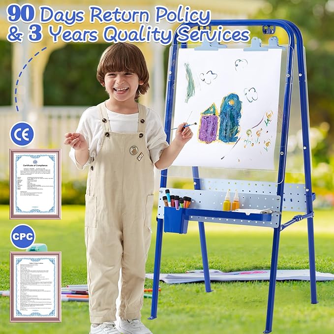 FUNLIO Foldable Outdoor Easel for Kids Aged 3+, Waterproof & Sunproof Kids Easel with 2 Acrylic Boards, Double-Sided Kids Easel with 21 pcs Accessories, Portable & Stable - Blue