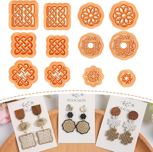 Puocaon Weave Knot Clay Cutters - 12 Pcs Clay Cutters for Polymer Clay Earrings Jewelry Making, Rattan Polymer Clay Cutters for Earrings, Boho Embossed Knot Clay Earring Cutters, Wicker Clay Cutters