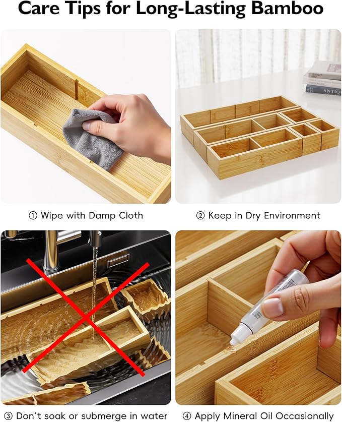 6PCS Desk Drawer Organizer Tray with 12 Compartments – Bamboo Office Storage Boxes Set for Junk Drawer Supplies, Utensils, Cosmetics, Jewelry and More