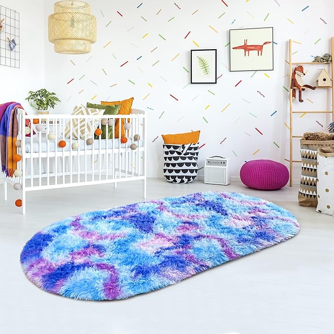 Noahas Oval Fluffy Purple Rainbow Rug 2.6X5.3 Small Kids Rugs for Bedroom Girls And Boys Aesthetic,Bedside Bedroom Rug,Ultra Soft Runner Carpet Modern Shaggy Nursery Area Rugs Home Decor''