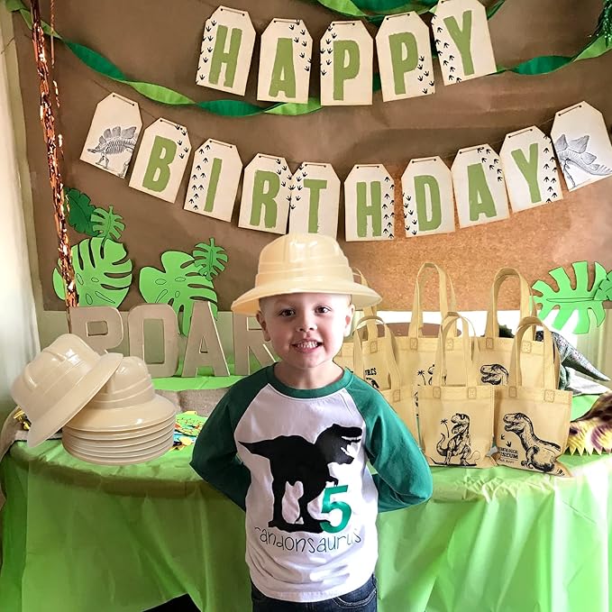 Golray 72Pack Dinosaur Birthday Party Supplies Favors Safari Hat Tote Goodie Bags Luminous Dino Figure Tattoo Keychain Slap Bracelet for Kid Boy Safari Jungle Explorer Dinosaur Party Favor Supplies