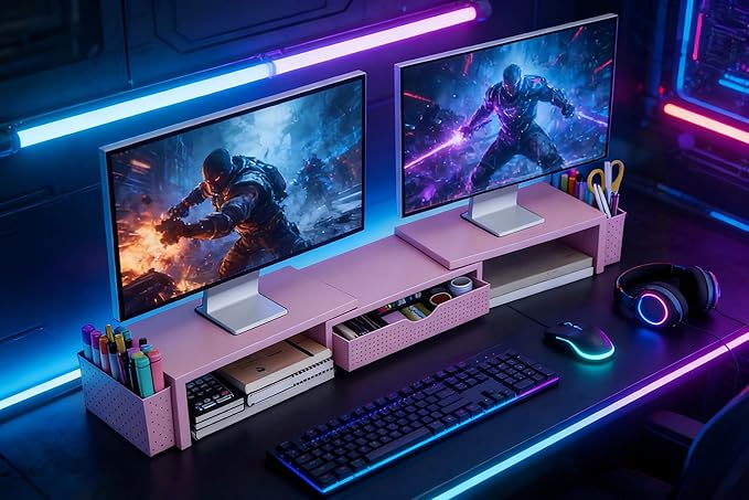 Spacrea Metal Desk Organizers and Accessories, Dual Monitor Stand Riser with Drawer and 2 Pen Holders, Desk Accessories & Workspace Desktop Organizers for Office Supplies (Pink)