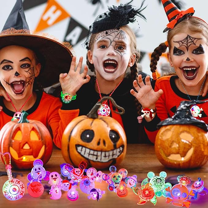 Halloween Party Favors for Kids - 57 PCS Halloween Decorations LED Flash Rings Light Up Necklaces Halloween Toys, Glow in the Dark Halloween Party Supplies, Halloween Gifts/Halloween Treats for Kids