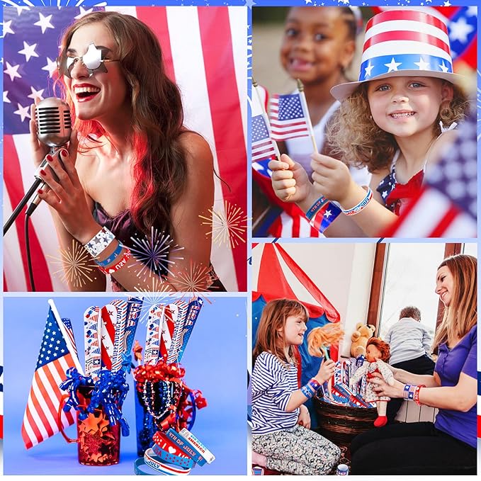 JUNEBRUSHS 4th of July Party Favors, 50 Pcs Patriotic Decorations Slap Bracelets Rubber Wristbands Assorted for Kids Gifts Silicone Bracelets Bulk Memorial Veterans Day Party Accessories