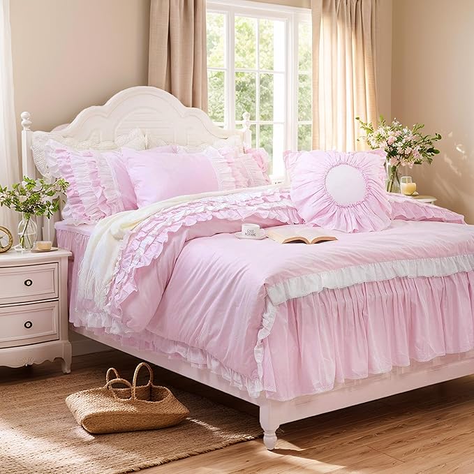 Helthep Pink Ruffle 3Pcs Duvet Cover Set King, 100% Cotton Girls Bedding Set Princess Lace Patchwork Soft Breathable Washed Cotton, (1 Duvet Cover + 2 PillowShams, Comforter Not Included)