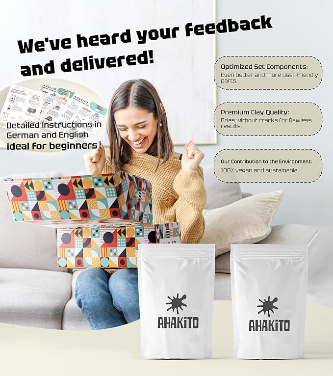 Ahakito Air Dry Clay for Adults, Pottery Clay DIY Kits for Adults Includes: Air Clay, Clay Sculpting Tools, Clay Paint, Brushes, Gloss Varnish for Air Dry Clay and Step-by-Step Comprehensive Guide