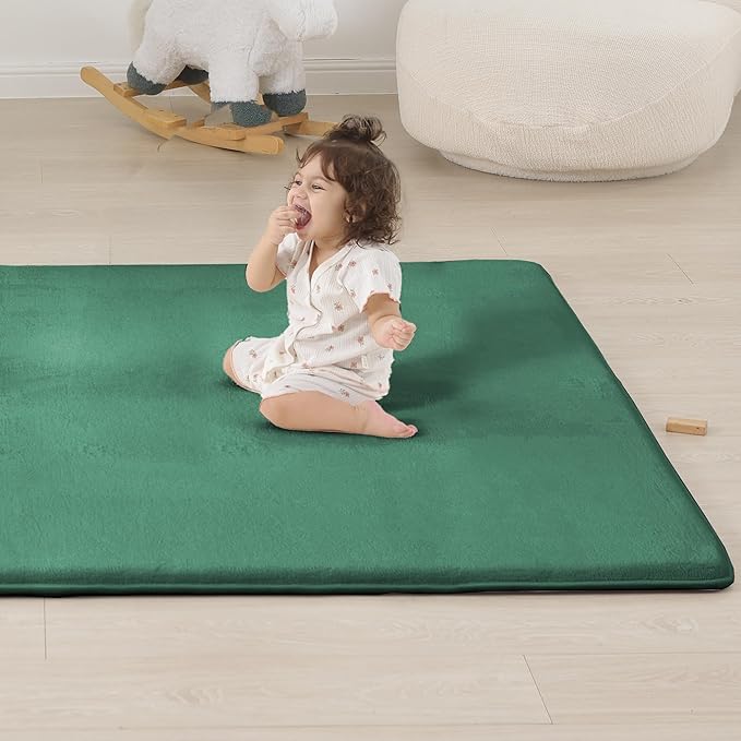 1.3" Thick Baby Floor Play Mat 50x50, Basic Padded Foam Mat for Tummy Time Crawling, Non Slip Cushioned for Babies Toddlers Infants Kids (Dark Green)