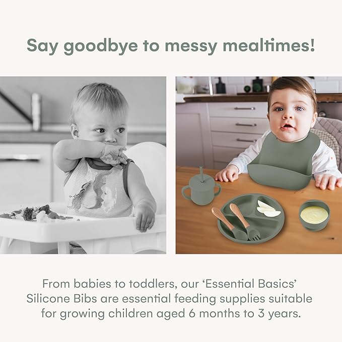 Childlike Behavior Baby Weaning Set of 6 - Sage Green Silicone Baby Feeding Set - Self Feeding Baby Wooden Fork and Spoon, Plates, Bibs, Easy to Grip, Dishes and Cups - Eating Learning Essentials