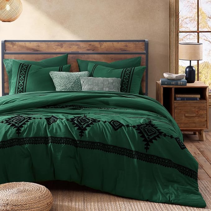 MaiRêve Embroidery Comforter Set, Boho Farmhouse Western Bedding Set, All Season Bed in A Bag Comforter Set with Sheets, Pillowcases & Shams, Emerald Green Full 7 Pieces