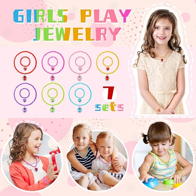 7 Sets Girl Dress up Jewelry Toddler Jewelry Princess Bracelet Necklaces Kids Costume Jewelry Set for Girl Tea Costume Party