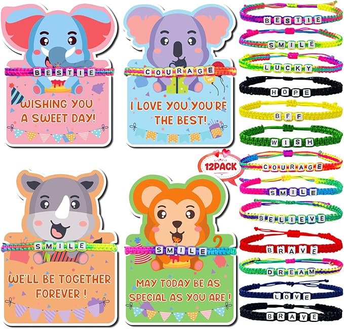 12 Pcs Friendship Beaded Bracelets Bulk with Birthday Cards Letter Inspirational Stretch Bracelets Adjustable Colorful Bracelet Y2K Summer Beach Elastic Bracelets for Women Girls Teens Party Favors