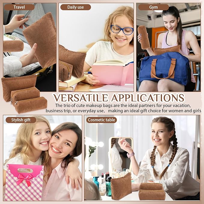 Huhumy 3 Pcs Makeup Bag Set for Women Corduroy Cosmetic Pouch Aesthetic Smile Travel Toiletry Bag Cute Purse Pouch Pencil Case Makeup Brushes Storage Organizer for Valentine(Brown,Solid Style)
