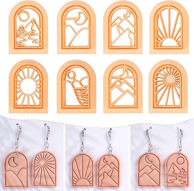 Puocaon Boho Landscape Clay Cutters - 8 Shapes Clay Cutters for Polymer Clay Jewelry Making, Sun Ray Polymer Clay Cutters for Earrings, Arch Clay Cutters Boho Mountain Scene Earrings Making Set