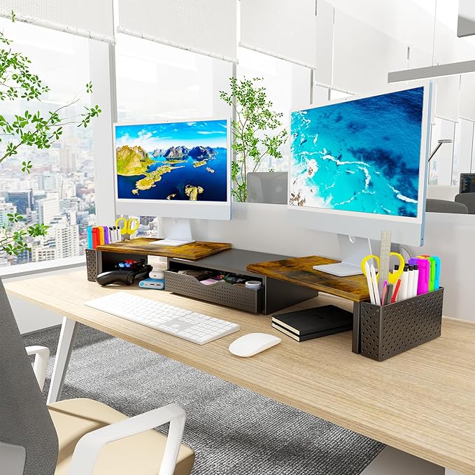 Spacrea Metal Desk Organizers and Accessories, Dual Monitor Stand Riser with Drawer and 2 Pen Holders, Desk Accessories & Workspace Desktop Organizers for Office Supplies (Wood)