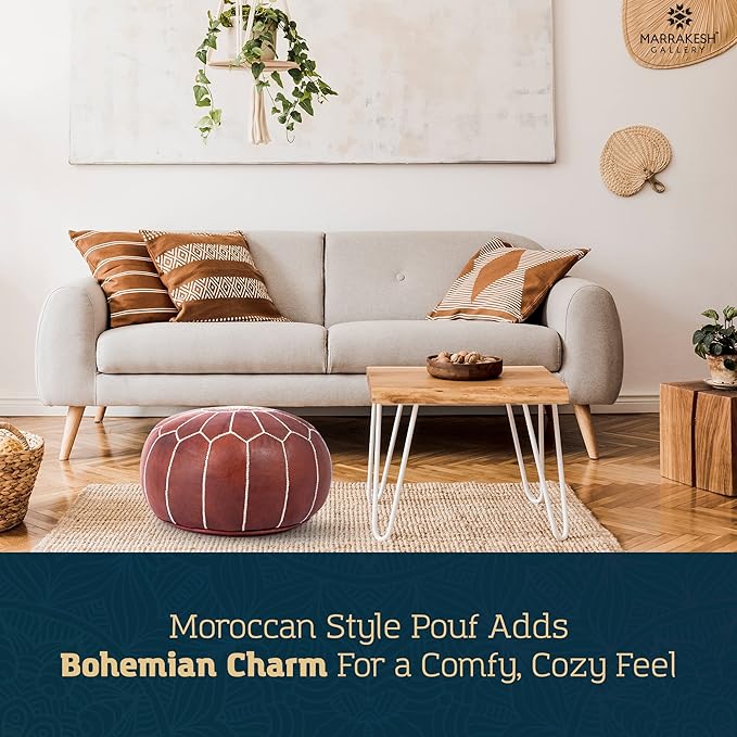 Genuine Leather Round Pouf Cover - Handmade Moroccan Ottoman Footstool, Unstuffed Footrest Under Desk - Boho Decor - Bohemian Living Room, Bedroom, Kids Room - Housewarming Gift & Wedding
