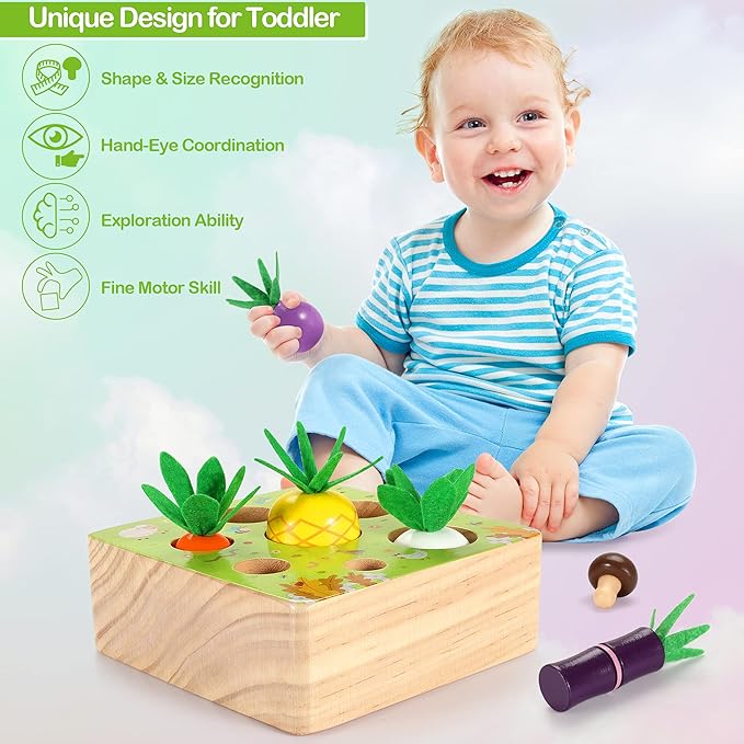 Montessori Toys Baby Easter Toys for 1 2 3 Year Old, Farm Harvest Game Wooden Toys, Educational Learning Toys, Shape Size Sorting Puzzles for Boys Girls, Perfect Easter Birthday Gift Toys