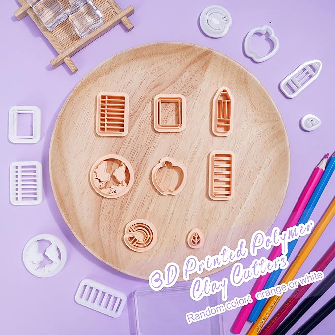 Puocaon Polymer Clay Cutters - Back to School Clay Cutters, Apple Crayon Polymer Clay Cutters for Jewelry Making, Chalkboard Notebook Detailed Embossed Clay Cutters for Earrings Studs Pendant 8 Pcs