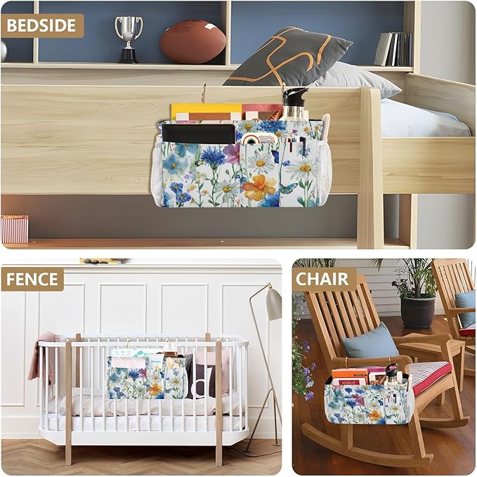 Watercolor Cornflower Daisy Bedside Caddy for Dorm Bed Bedside Hanging Caddy Bag Iron Frame Storage Organizer Pocket for Bunk Home College Hospital Beds 2 Hooks