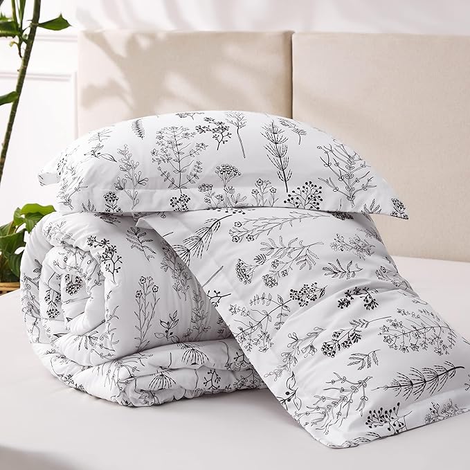 Bedsure Full Comforter Set - Bright White Bed Set, 3 Pieces Cute Floral Bedding, 1 Soft Reversible Botanical Flowers Comforter and 2 Pillow Shams