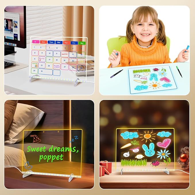 LED Note Board with 8 Colors 6 Modes -13.7"X10" Acrylic Dry Erase Board, Led Drawing Board Includes Adapter, 14 Markers, Tracing Paper, Sketching Gifts for Kids/Girls/Teens