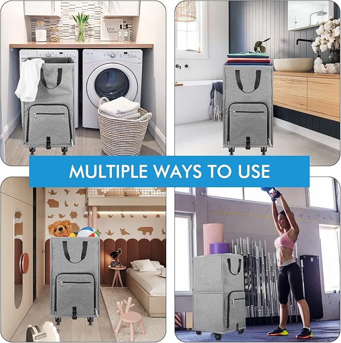 Laundry Hamper with Wheels, Bukere Large Rolling Laundry Basket with 4 Casters and 2 Handles, Collapsible Freestanding Wheeled Laundry Bag for Clothes, Laundry Room, Bathroom