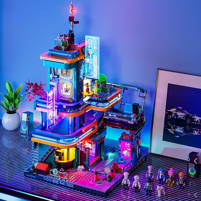FUNWHOLE Cyberpunk Mansion Lighting Building-Bricks Set - 2524 Pcs Future City Modular Buildings Set Display Idea for Adults and Sci-fi Lovers