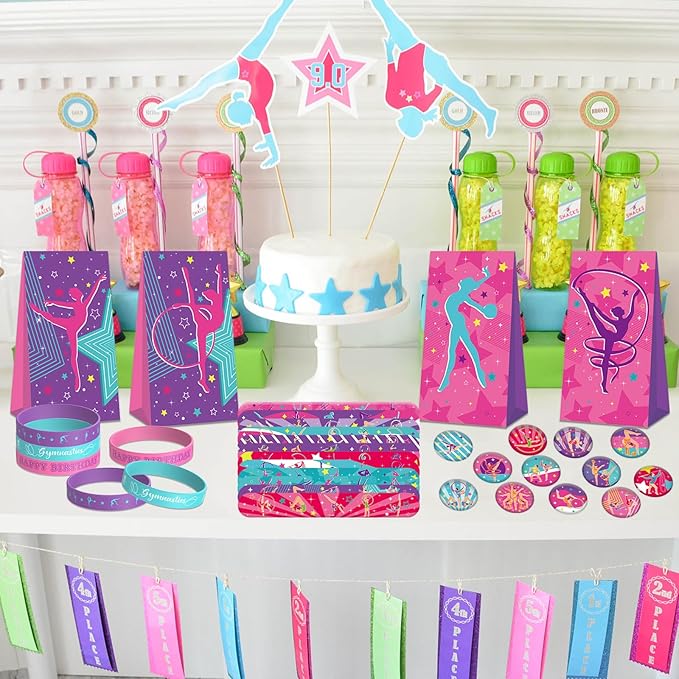 Gymnastics Party Favors, Gymnastics Birthday Party Decorations Supplies for Your Little Dance Gymnasts, Including Gift Bags, Slap Bracelets, Rubber Bracelets, Stickers, Tattoo Stickers, Button Pin