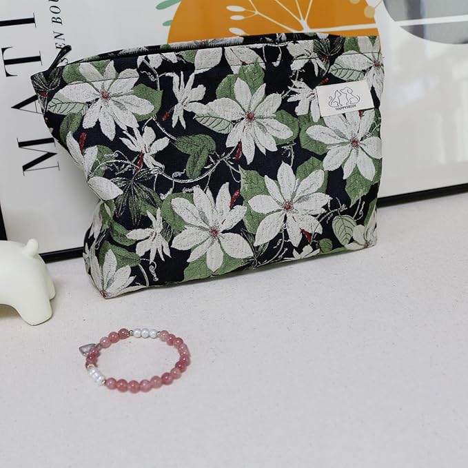 HAPPYHEIDI Large Black Embroidery Floral Makeup Bag Cosmetic Toiletries Travel Pouch, Canvas Lined, Purse Organizer, White Green Flowers