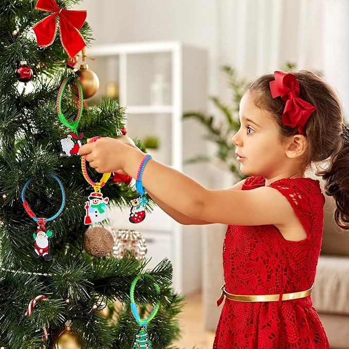 Hicarer 24 Pieces Christmas Zipper Bracelets Fidget Toys Bulk Neon Color Friendship Zipper Bracelet with Snowman Christmas Tree Santa Claus Pendant for Kids Christmas Birthday Party Favors